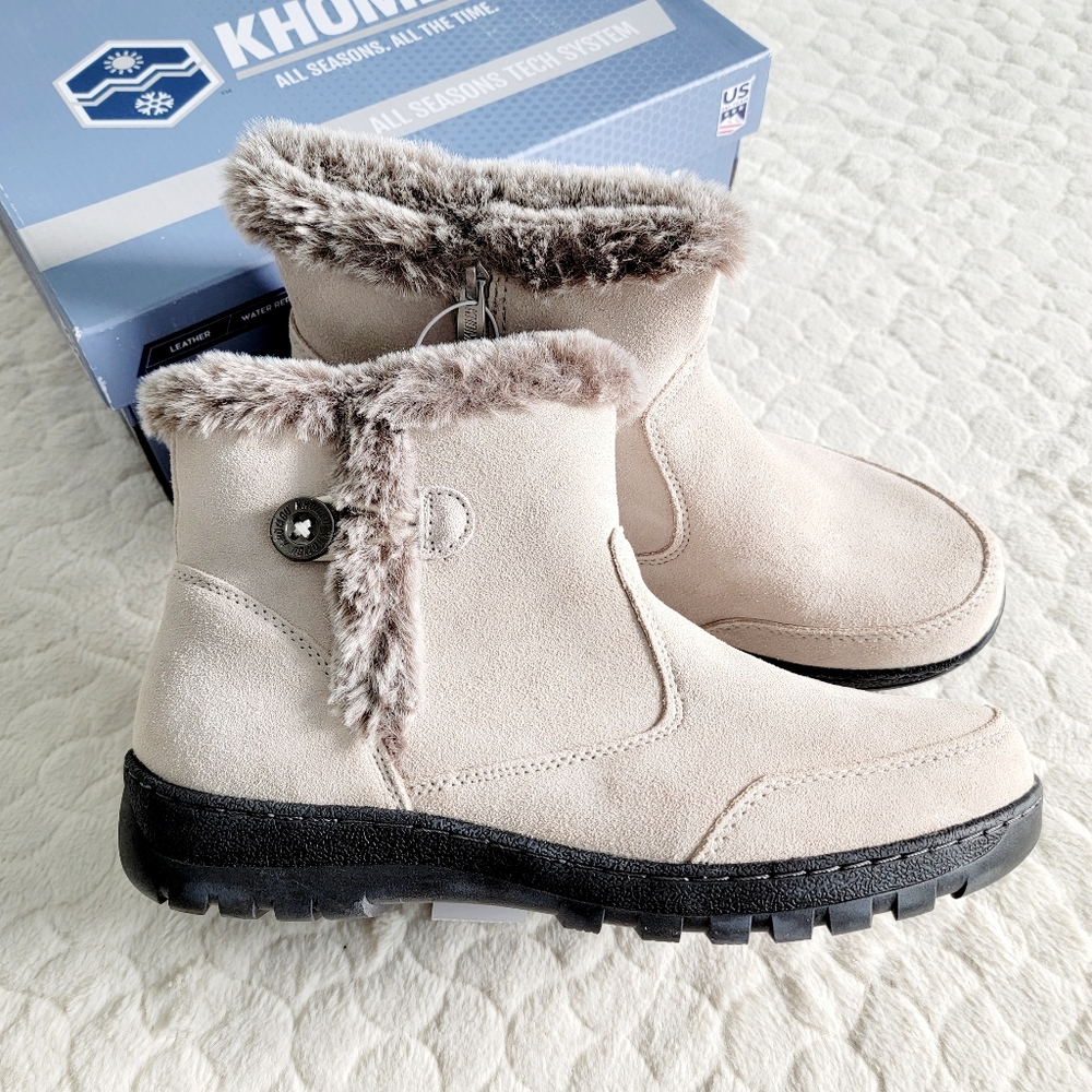 New Khombu winter boots cream bootie short comfy suede faux fur